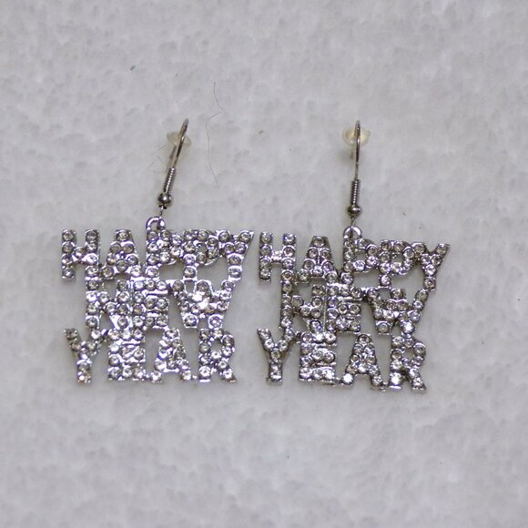 NEW Silver Happy New Year Earrings Crystal Rhinestones - Picture 3 of 7